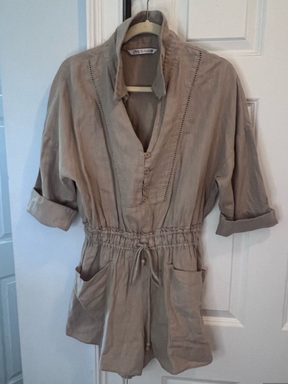 Zara Neutral Beige Linen Top with Collar